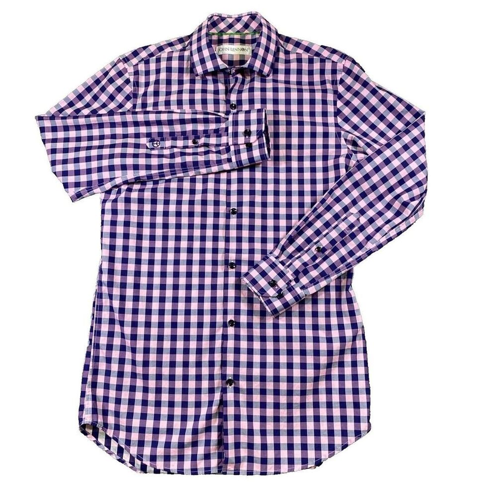 John Lennon Men's Small Long Sleeve Gingham Plaid Button Down Shirt Navy Pink